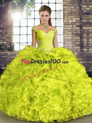 Exceptional Organza Off The Shoulder Sleeveless Lace Up Beading and Ruffles Sweet 16 Dress in Yellow Green