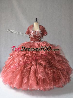 Excellent Strapless Sleeveless Sweet 16 Dresses Floor Length Beading and Ruffles Red