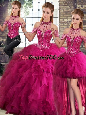 Glorious Fuchsia Halter Top Neckline Beading and Ruffles 15 Quinceanera Dress Sleeveless Lace Up