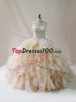 Luxury Champagne Ball Gowns Halter Top Sleeveless Organza Floor Length Lace Up Beading and Ruffles Quinceanera Gowns