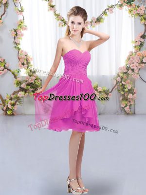 Fuchsia Chiffon Lace Up Sweetheart Sleeveless Knee Length Wedding Party Dress Ruffles and Ruching