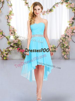 Aqua Blue Chiffon Lace Up Wedding Party Dress Sleeveless High Low Belt