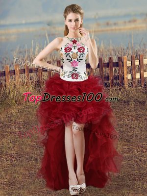 High Quality Wine Red Sleeveless High Low Embroidery Lace Up Party Dress Wholesale