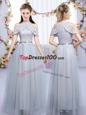Fashionable Tulle High-neck Sleeveless Zipper Lace and Belt Quinceanera Court Dresses in Grey