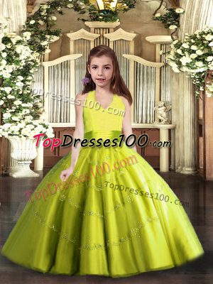 Fashionable Tulle Halter Top Sleeveless Lace Up Beading Custom Made Pageant Dress in Yellow Green
