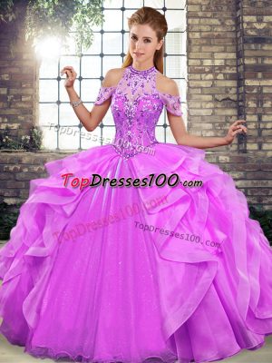 High End Organza Halter Top Sleeveless Lace Up Beading and Ruffles Quince Ball Gowns in Lilac