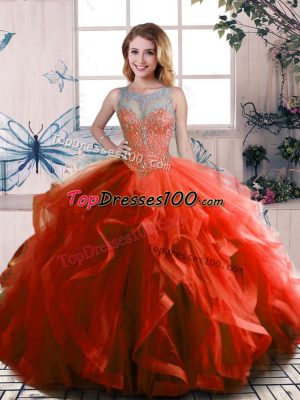 Rust Red Ball Gowns Beading and Ruffles 15th Birthday Dress Lace Up Tulle Sleeveless Floor Length