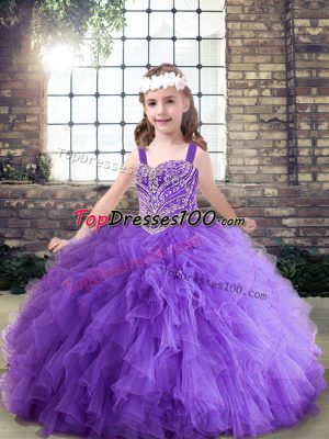 Straps Sleeveless Girls Pageant Dresses Floor Length Beading and Ruffles Lavender and Purple Tulle