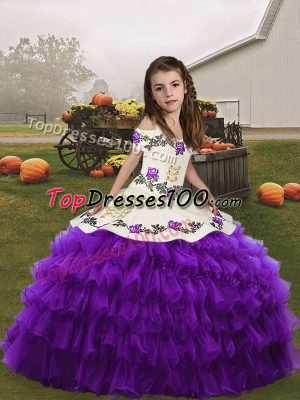 Sleeveless Lace Up Floor Length Embroidery and Ruffled Layers Little Girls Pageant Gowns