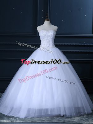 Clearance White Tulle Lace Up Sweetheart Sleeveless Floor Length Wedding Gown Beading and Lace