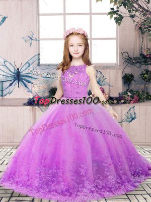 Scoop Sleeveless Little Girls Pageant Dress Floor Length Lace and Appliques Lilac