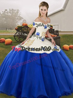 Blue And White Organza Lace Up Off The Shoulder Sleeveless Floor Length Quinceanera Gowns Embroidery and Ruffles