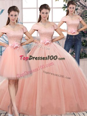 Colorful Pink Tulle Lace Up Quinceanera Dress Short Sleeves Floor Length Lace and Hand Made Flower