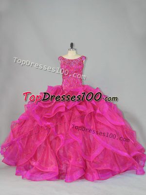 Attractive Lace Up Quinceanera Gown Hot Pink for Sweet 16 and Quinceanera with Beading and Ruffles Brush Train