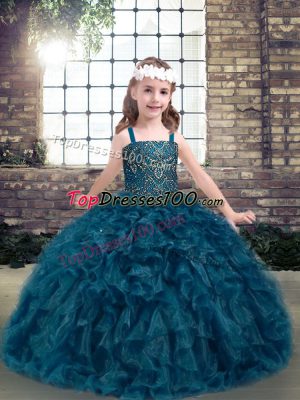 Inexpensive Straps Sleeveless Pageant Dress for Girls Floor Length Beading and Ruffles Teal Organza