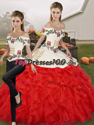 Traditional White And Red Two Pieces Embroidery and Ruffles Quinceanera Gowns Lace Up Organza Sleeveless Floor Length
