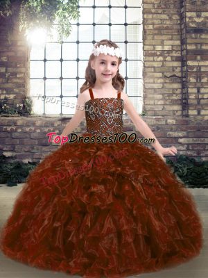 Rust Red Ball Gowns Beading Kids Formal Wear Lace Up Organza Sleeveless Floor Length