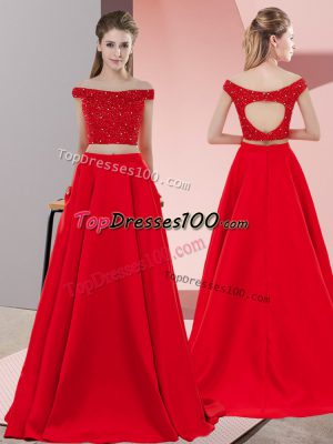 Red Two Pieces Off The Shoulder Sleeveless Elastic Woven Satin Sweep Train Backless Beading Prom Gown