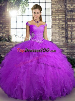 Custom Made Off The Shoulder Sleeveless Sweet 16 Quinceanera Dress Floor Length Beading and Ruffles Purple Tulle