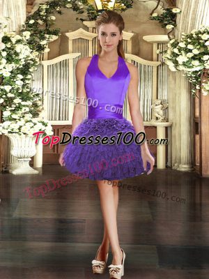 Elegant Halter Top Sleeveless Prom Dress Mini Length Ruffles Purple Organza