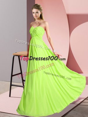 Exceptional Yellow Green Chiffon Lace Up Sweetheart Sleeveless Floor Length Ruching