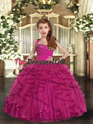 Fuchsia Tulle Lace Up Straps Sleeveless Floor Length Little Girl Pageant Dress Ruffles