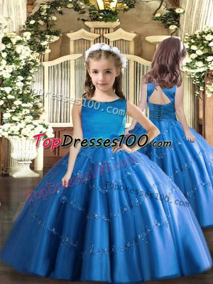 Custom Fit Floor Length Blue Child Pageant Dress Scoop Sleeveless Lace Up