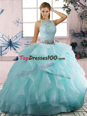Modest Aqua Blue Sleeveless Tulle Zipper Quinceanera Gown for Sweet 16