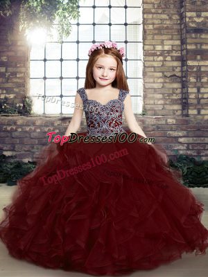 Burgundy Ball Gowns Tulle Straps Sleeveless Beading and Ruffles Floor Length Lace Up Child Pageant Dress