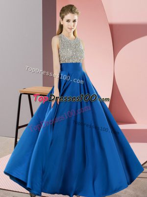Scoop Sleeveless Backless Prom Dresses Blue Elastic Woven Satin