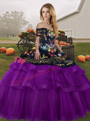 Adorable Black And Purple Ball Gowns Embroidery and Ruffled Layers Quince Ball Gowns Lace Up Tulle Sleeveless