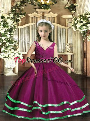 V-neck Sleeveless Little Girls Pageant Dress Floor Length Beading and Ruching Purple Organza