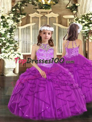 Floor Length Purple High School Pageant Dress Halter Top Sleeveless Lace Up