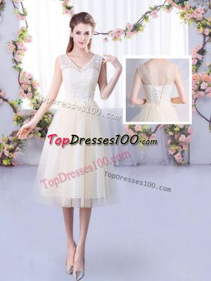 Hot Selling Sleeveless Tulle Tea Length Lace Up Dama Dress in Champagne with Lace