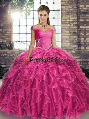 Luxurious Lace Up 15th Birthday Dress Fuchsia for Military Ball and Sweet 16 and Quinceanera with Beading and Ruffles Brush Train