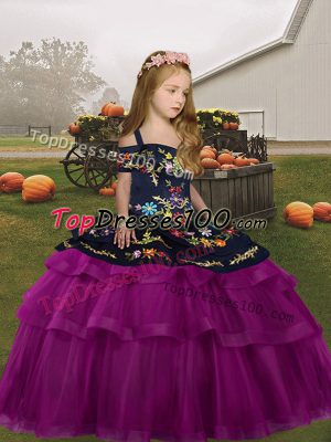 Custom Made Fuchsia Ball Gowns Embroidery Little Girls Pageant Dress Wholesale Lace Up Tulle Long Sleeves Floor Length