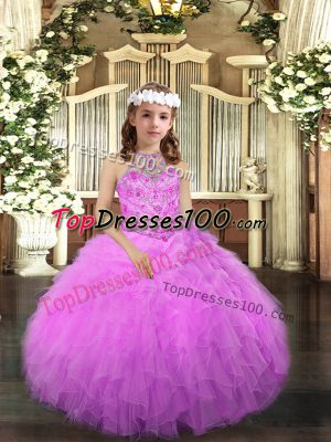 Custom Designed Lilac Tulle Lace Up Little Girls Pageant Gowns Sleeveless Floor Length Beading and Ruffles
