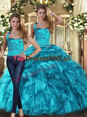 Teal Two Pieces Organza Halter Top Sleeveless Ruffles and Pick Ups Floor Length Lace Up Quinceanera Gown