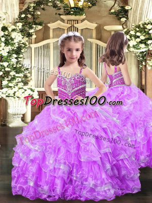 Superior Sleeveless Organza Floor Length Lace Up Child Pageant Dress in Lilac with Beading and Ruffles