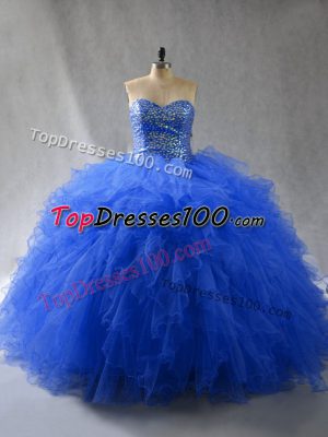 Modern Royal Blue Sleeveless Beading and Ruffles Floor Length Quinceanera Dresses