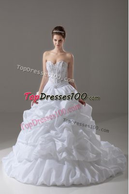 Classical White Taffeta Lace Up Wedding Dresses Sleeveless Brush Train Beading and Pick Ups