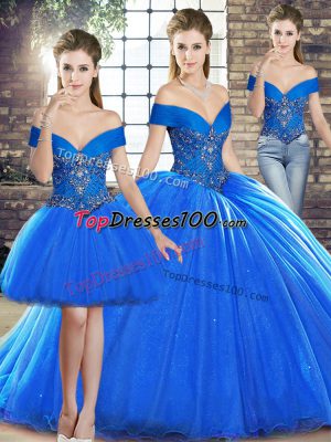 Colorful Sleeveless Organza Brush Train Lace Up Ball Gown Prom Dress in Royal Blue with Beading