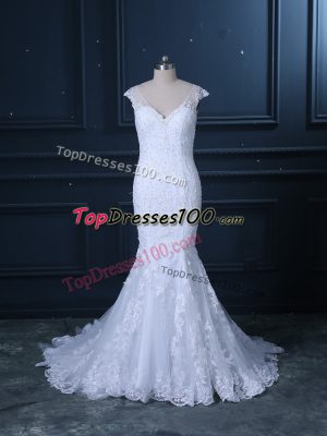 Sleeveless Tulle Brush Train Clasp Handle Wedding Gown in White with Beading and Lace
