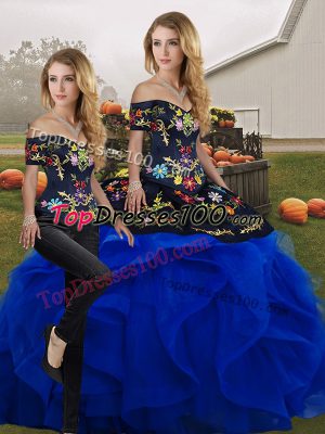 Pretty Floor Length Lace Up Vestidos de Quinceanera Blue And Black for Military Ball and Sweet 16 and Quinceanera with Embroidery and Ruffles