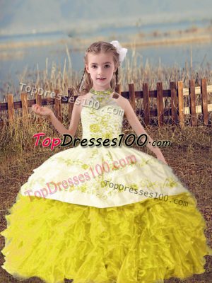 Inexpensive Ball Gowns Pageant Dresses Gold Halter Top Organza Sleeveless Floor Length Lace Up