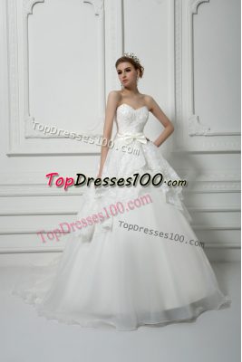 On Sale Sweetheart Sleeveless Wedding Gowns Brush Train Beading and Lace and Bowknot White Organza