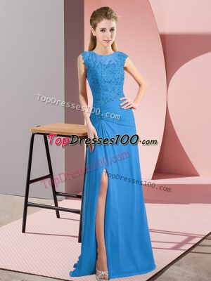 New Style Blue Sleeveless Floor Length Lace and Appliques Zipper Prom Dresses