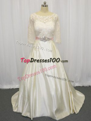Customized Half Sleeves Brush Train Beading and Lace Zipper Wedding Gown