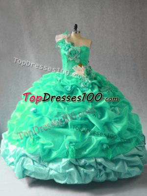 Turquoise Lace Up Ball Gown Prom Dress Pick Ups and Hand Made Flower Sleeveless Floor Length