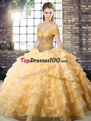 Off The Shoulder Sleeveless Organza 15 Quinceanera Dress Beading and Ruffled Layers Brush Train Lace Up